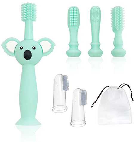 1 Stück Cyan-Silikon-Babyzahnbürste mit 4 Köpfen, Zahnfleischmassage-Zahnreinigungszahnbürste und 2 Stück Fingerzahnbürsten und 1 Aufbewahrungstasche