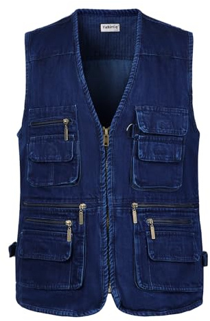 Yukirtiq Uomo All'Aperto Viaggio Tasche Gilet Fotografico Casuale Panciotto Campeggio Pesca Gilet per Reporter Caccia Tempo Libero Fotografi Denim Giacche Gilet, Denim, L