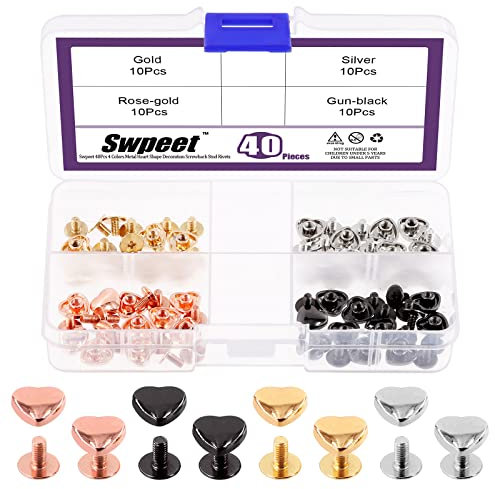 Swpeet 40Pcs Metall Herz Form Dekoration Nieten Set, 4 Farben 10mm Herz Niete für Gürtel Kleidung Geldbörse Handtasche Leder Handwerk