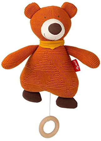 SIGIKID 39688 Strick-Spieluhr Bär Knitted Love, Kuscheltier mit bekannter Schlaflied-Melodie, Stofftier waschbar Spielwerk austauschbar, Einschlafhilfe für Babys & Kinder ab Geburt, Orange, 26x16x7 cm