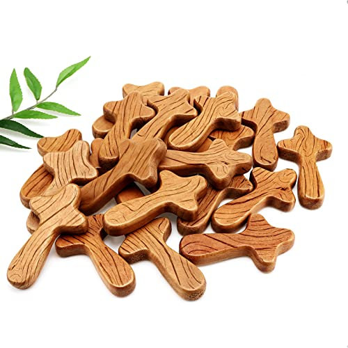 24 Stück kleines handgehaltenes Kiefernholzkreuz, tragbares Holzkreuz, haftendes Kreuz, Jesus-Kreuz, Abschluss 2024, Geschenk für Gebet, Palmengröße, christliche Kirche (hellbraun, 10,4 x 6,1 x 1,5