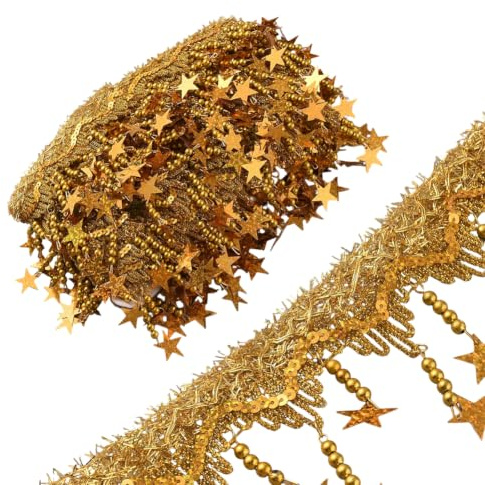 PH PandaHall 4.5m Goldener Fransenbesatz 37.5 mm Filigranes Spitzenband Mit Perlenquaste Nähkantenbesatz Dekorativer Stoffbesatz Für Vorhänge Lampenschirme Kostüme Bastelarbeiten Heimdekoration
