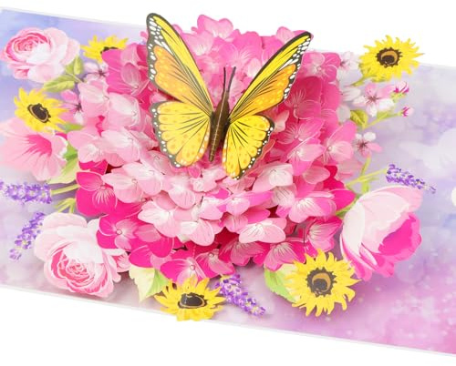 Pop Up Karte Schmetterlinge Blumen Grußkarte mit Umschlag, Niedliche 3D Karte für Ehefrau, Freundin, Mutter, Kinder, Grußkarten für Geburtstag, Jahrestag, Erntedank