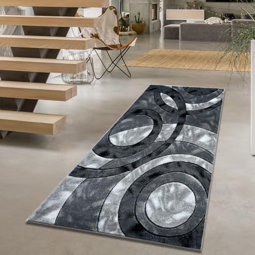 Rugs Inn Retro Runners for Hallways Circle Design Soft Dense Pile Washable Non Slip Heavy Water Absorbent Kitchen Runner Rug(Grey, 80 X 150 cm)