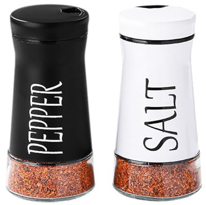 Fyfjur Salz und Pfefferstreuer Set, 2 Stück Salzstreuer aus Edelstahl und Glas mit Deckel, 3 Verschiedene Löcher Salz Pfefferstreuer für Gewürze, (Schwarz und Weiß,11,5 x 5,6cm)