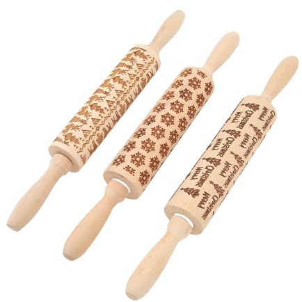 HOHXFYP 3Pcs Rouleau À Pâtisserie en Relief, Rouleaux À Pâtisserie en Bois Avec Flocon de Neige de Noël, Renne et Roulements D'Arbre de Noël, Rouleaux À Pâtisserie pour la Cuisson