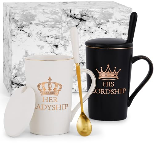 Joymaking Gifts for Couple His Lordship & Her Ladyship Coffee Mug Set for Parents Anniversary Wedding Christmas Gifts for Him Her, 14Oz Black-White