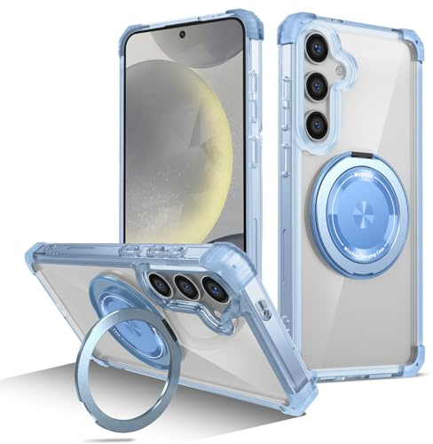 Kainevy for Samsung S24 Plus Case Clear with Stand Metal Ring Holder [Compatible with MagSafe] Samsung Galaxy S24 Plus Case Magnetic Slim Transparent Rugged Phone Cover for Women Men (Blue)