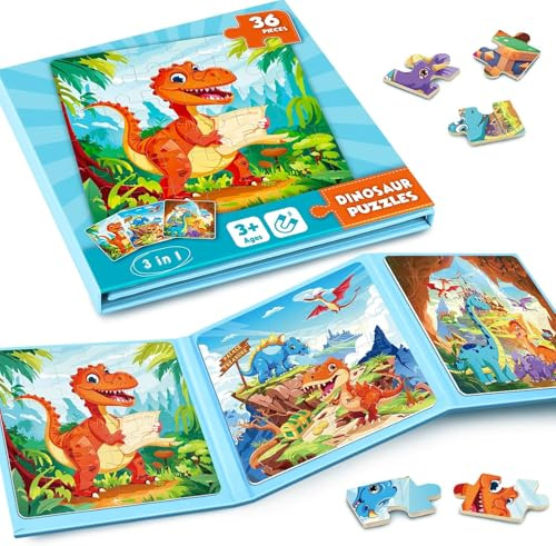 Puzzle MagnéTicos De Dinosaurio para NiñOs,Rompecabezas para Viajar De 36 Piezas para NiñOs De 3 A 8 AñOs,Puzzle para Niño para Mejorar La Inteligencia,Actividades con En AvióN,CumpleañOs