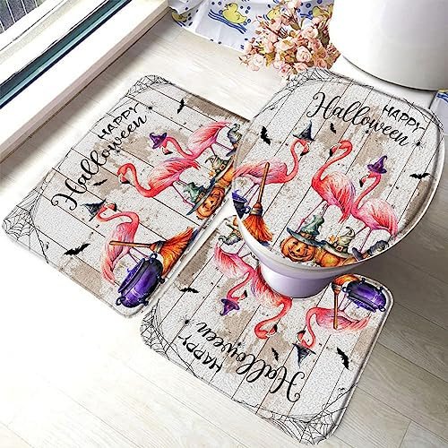 Badezimmer Vorleger 3-Teiliges Halloween Vintage Lustiger Flamingo Horror Gothic Auf Grauem Holz Magischer Hexenhut Mit Fledermaus Wc Vorleger Set 3 Teilig Badteppich-Set 3-Teilig