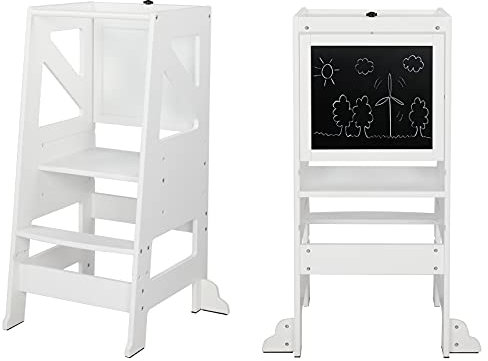 LEADZM Montessori Lernturm ab 18 Monaten – 2-in-1 höhenverstellbarer Learning Tower mit Tafel | Höchste Stabilität durch Festes Design & Massivholz für Küche, Bad und Kinderzimmer