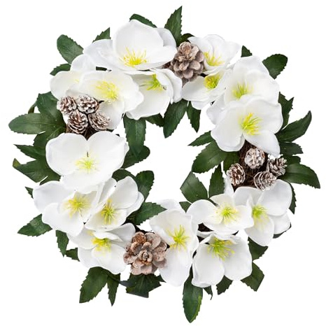 CREATIV green künstlicher Christrosenkranz in weiß mit Zapfen 32cm I künstlicher Christrosenkranz für Weihnachten I künstlicher Weihnachtskranz I weihnachtlicher Kranz künstlich I Türkranz Weihnachten