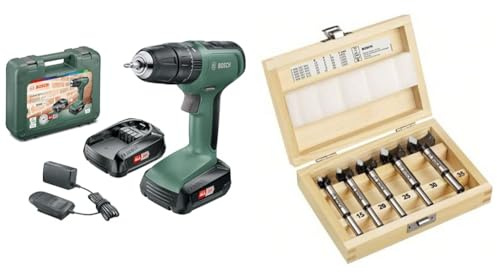Bosch Home and Garden Cordless Combi Drill UniversalImpact 18 (2 batteries, 18 Volt System, in carrying case) + 5-piece tungsten carbide hinge cutting bit set (Ø 15/20/25/30/35 mm)