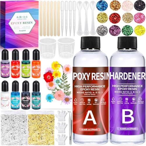 Purpledi Kit Resina Epoxi Transparente, 510ml Resina Epoxi Kit, 1: 1 Relación de Fundida Cristalina, Epoxi Manualidades Kit con Lentejuelas, Pigmento, para Bricolaje, Artesanía, Llavero