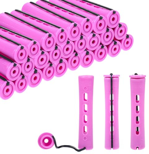 JJUNW 30Pcs Heatless Curlers Set for Natural Hair-Pink Plastic Hair Rollers with Clips for Long & Short Hair Styling, DIY Perm Kit with Curling Rods and Perm Papers