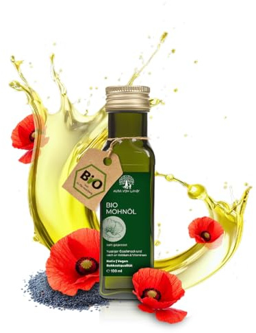 Aura vom Land Bio Premium Mohnöl Kaltgepresst 100ml – Natürliches Speiseöl Naturbelassen - Reich an Omega 3, 6 & 9 - Vitamin E aus Mohnsamen/Mohn – Bio Mohn Öl Hergestellt in Bayern