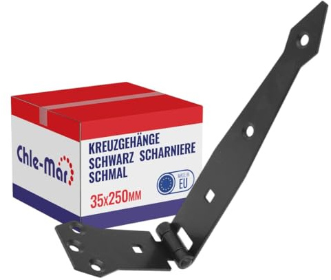 Chle-Mar Schmale Scharniere Schwerlast für Holztüren 35x250mm, Wetterfest | Stabiles Gartentor Scharnier, Robustes Ladenband für Türen & Möbel, Schwarzes Tor Scharnier, Kreuzgehänge Langlebig