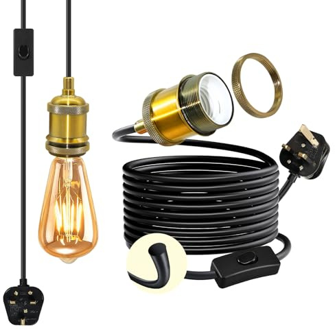 Vintage Brass Pendant Light Fitting, 5 M Black Round Cable Hanging Lamp with Plug in Cord, Industrial Plug in Ceiling Light Fixture,Copper E27 Lamp Holder, Retro Hanging Light Kit for DIY Lampshade