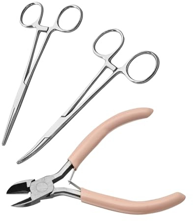 3 Pcs Piercing Pliers Set, 12.5cm Straight & Elbow Sawtooth Fishing Forceps Tweezers, Piercing Clamps Pincers, Stainless Steel Self-Locking Pliers Set for Pet Grooming DIY Arts Crafts + Side Plier