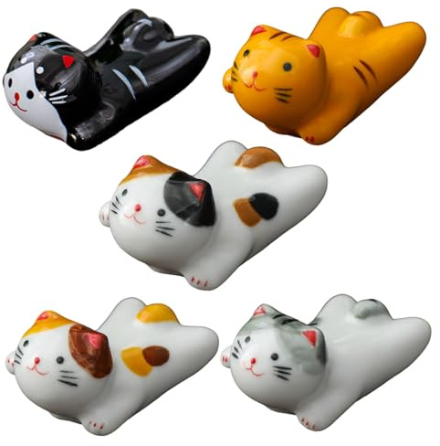 Hintyne Lot de 5 Porte-Baguettes en céramique Style Japonais Motif Chat Porte-Bonheur pour dîner Fourchette cuillère Couteau Vaisselle Cadeau de Cuisine pour la Maison