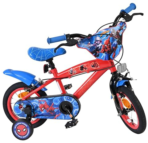 Volare Marvel Spider-Man Kinderfahrrad 12 | 3–5 Jahre | Hand- & Rücktrittbremse, abnehmbare Stützräder, Kettenschutz & Reflektoren | Verstellbarer Sattel | Geschenk für Mädchen & Jungen