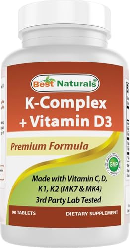 Best Naturals K-Complex with K1 (Phytonadione 1500 mcg + K2 as Menaquinone 100 mcg + K2 as MK-4 1000 mcg) + D3 + VIT. C - 90 Tablets - Made in the USA