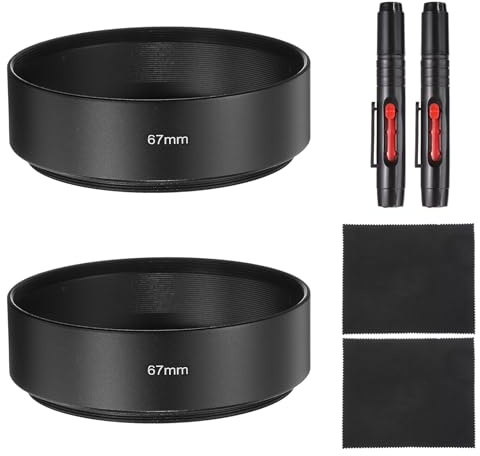 PATIKIL 2 Pezzi Paraluce 67mm Tappo Fotocamera A Vite In Metallo Nero | Montatura Standard A Mezzo Fuoco, Con Panno E Penna Per Pulizia