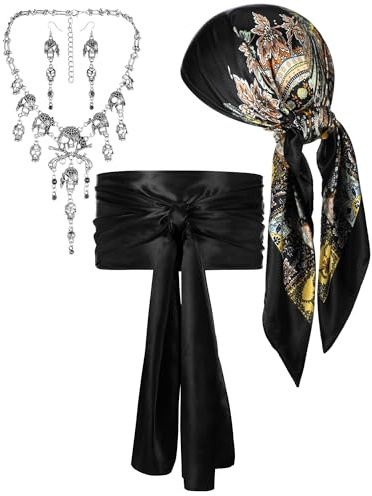 IHLOOTD Piratenkostüm Zubehör Set 4 Stück Pirate Accessories Damen Piratenkopftuch Halskette Hüfttuch Totenkopf Ohrringe für Piraten Zubehör Verkleidung, Karneval Party Kostüm, Halloween, Cosplay