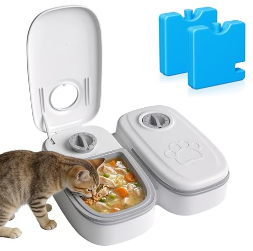 Automatic Cat Feeder with Timer, 2 Meal Timed Pet Feeder for Wet & Dry Food, 48 Hour Feeding with Ice Pack, 350g Each Tray, for Cats & Small Dogs, White