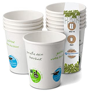 BIOZOYG 250 Stück Kaffeebecher Pappbecher 200ml / 8 oz Ø 80 mm weiß mit bunten Umwelticons - Einwegbecher plastikfrei - Becher aus nachhaltiger Forstwirtschaft - Kaffeebecher Einweg