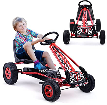 GOPLUS Kart à Pédales Enfants, Siège Réglable,Avancer et Reculer, avec Embrayage et Frein, Pédales Antidérapantes, 4 Roues en Caoutchouc et Plastique, Vélos et Véhicules pour Enfants 3-8 Ans (Rouge)