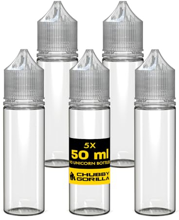 Chubby Gorilla V3 50ml PET Einhorn Plastikflaschen für E-Liquid - Leere Tropfflaschen - 5X 50ml (Klare Flasche mit klarem Deckel)
