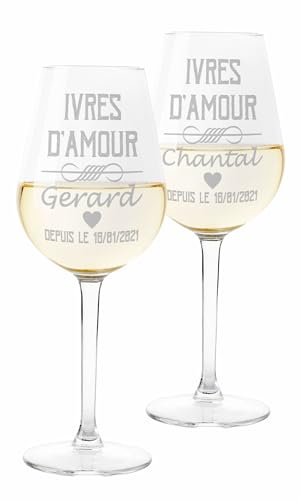 Colorfamily Coppia Calici Personalizzati Set da 2 calici Vino Personalizzati con Nome e Anno Ubriachi d'Amore - Bicchiere in Vetro 500 ml