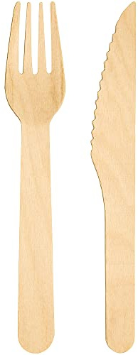 ECOCLEO® Eco Einweg Besteck 200 Stück Set | 100 Gabeln + 100 Messer | Lebensmittelecht aus Birkenholz | Holzbesteck Ideal für Grillen, Geburtstag und Party | EU Made