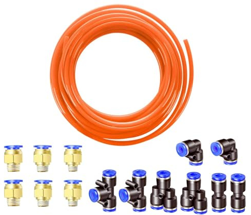 HUAZIZ 10 Meter PU Pneumatisk Slang - Flexibel Tryckluftsslang Utomhus 10 mm x Insida 6,5 mm Orange - Med Kontakt Air Push-Snabbkopplingar (Y/T/L/I Formad)