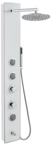 MENATT White Glass Shower Panel Tower System, 304 Stainless Steel and Glass 4 in 1 Shower Tower System with 9-inch Shower Head, 3 Body Massage Jets, Handheld Shower and Tub Spout
