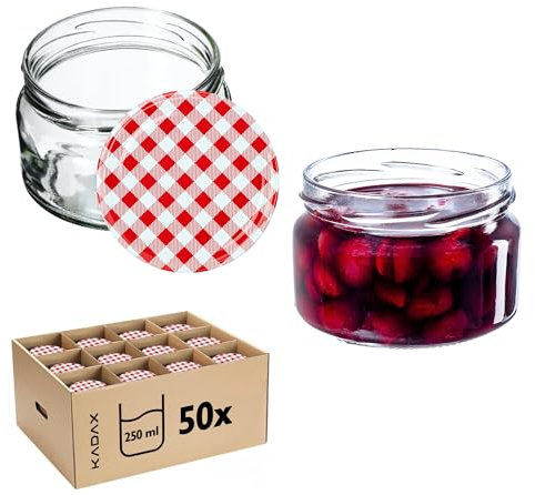 KADAX Lot de 50 bocaux à confiture avec couvercle Twist-Off fi82 - 250 ml - Hermétiques et lavables au lave-vaisselle - En verre épais - Choix de couvercles à visser (rouge à carreaux)