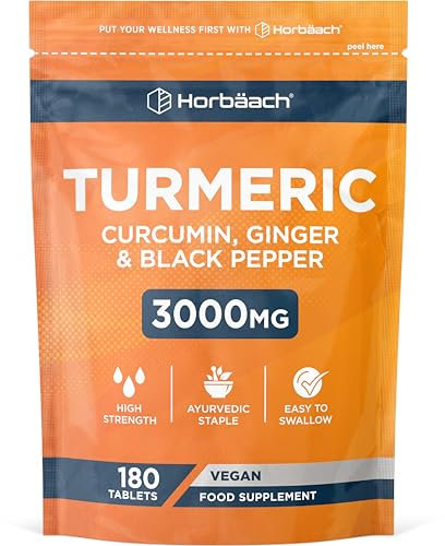 Turmeric Tablets 3000mg with Black Pepper & Ginger | 95% Curcuminoids | High Strength Active Curcumin Extract | 180 Vegan Tablets (Not Capsules) - 3 Month Supply | Horbaach