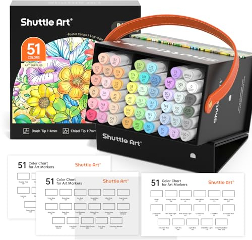 Shuttle Art Alkohol Marker, 50 Pastell doppelseitiges Alkohol Marker Stifte Set mit Pinsel- und Meißelspize, Graphic Marker Stifte für Kinder & Erwachsene, Alkohol Stifte zum Zeichnen,Illustration