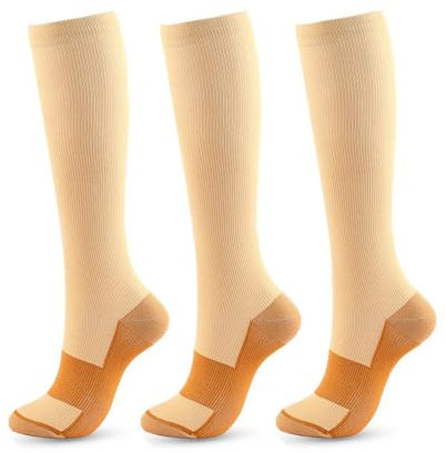 3 Paar Sport Kompressionsstrümpfe, Damen und Herren Stützstrümpfe, 15-20 mmHg, Kompressionssocken für Laufen, Sport, Flug, Reise (L-XL,Hautfarben)