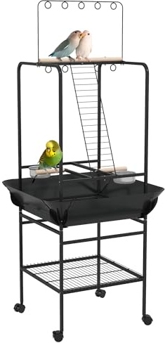 PawHut Parco giochi posatoi su ruote per uccelli pappagalli con 3 posatoi in legno, 1 scala, 2 mangiatoie in acciaio inox, vassoio raccogli scorrevole, 62,5 x 62,5 x 155 cm, grigio scuro