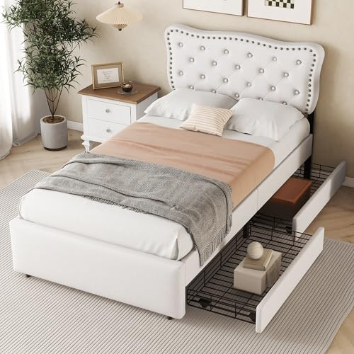 Moimhear Flaches Bett 90x200 cm, Gepolstertes Bett, Nachttischpolsterung mit dekorativen Nieten, doppelte Schubladen (Hellbeige)
