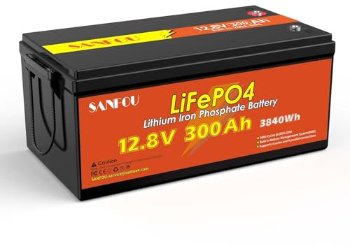 SANFOU Batería LiFePO4 12V 300Ah, 3840 Wh con BMS 200A, 5000 a 15000 Ciclos Profundos, Soporte 4S4P, Perfecta como fuente de energía para Autocaravanas y Camping
