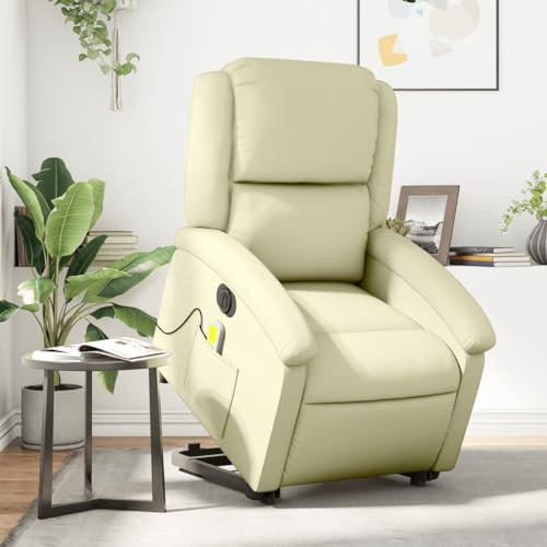 Homgoday Elektrisch Massagesessel mit Aufstehhilfe, Aufstehsessel, Relaxsessel mit Liegefunktion, Fernsehsessel, Ruhesessel Liegesessel, TV Sessel für Wohnzimmer Creme Echtleder