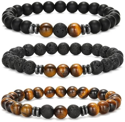 APMGONT 8 mm Perlenarmbänder Set, 3 pcs Perlenarmband Herren mit Schwarzen Lavastein, Naturstein Yoga Perlen Elastische Armbänder Verstellbares Herren Armbänder Set Geschenke für Männer