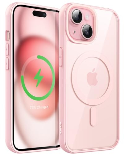 JETech Magnetische Hülle für iPhone 15 Plus, Rosa | Kompatibel mit MagSafe, Einfarbig Matte TPU Rahmen, Transparente Rückseite, Stoßschutzrahmen