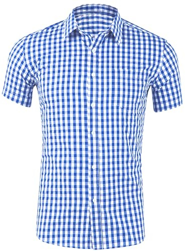 DUOLUVA Chemise traditionnelle à manches courtes pour homme - Bleu - À carreaux - Avec poche de poitrine - Coupe universelle, bleu foncé, M