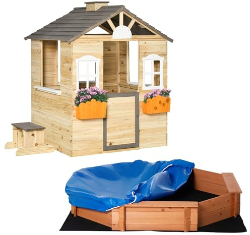 Outsunny Set da Gioco in Legno di Abete con Casetta 113x94x134.5 cm | per Bambini, Portavasi, Panca, Sabbiera 139.5x139.5x21.5 cm