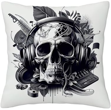 Deko Kissenhüllen Totenkopf Mit Kopfhörern Und Notenblättern Wurfkissenbezug Dekorative Kissenhülle Für Zuhause Balkon 45×45Cm