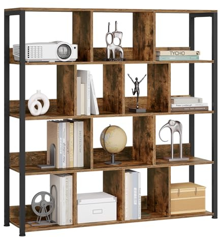 eSituro Bibliothèque Étagère Rangement, Étagère Livre avec 14 Casiers à 4 Niveaux, Meuble Étagère pour Salon, Chambre, Bureau, en Bois d'Ingénierie, Effet Bois brûlé+Noir, 120x30x120cm